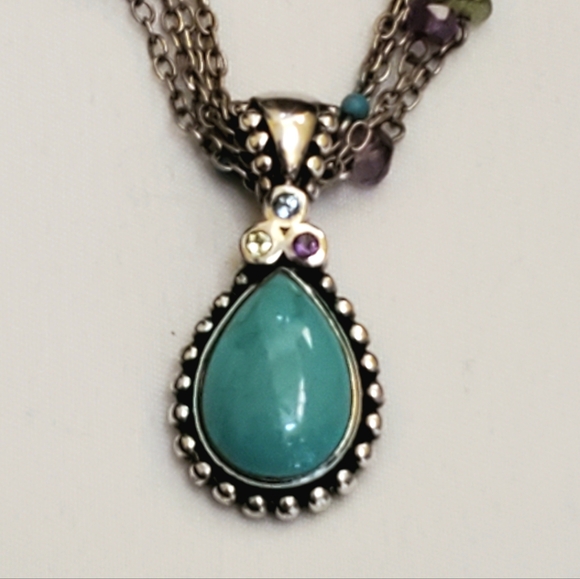 .925 STERLING SILVER 4 STRAND CHAIN WITH STONES AND TURQUOISE PENDANT W/ ACCENTS - Picture 4 of 13
